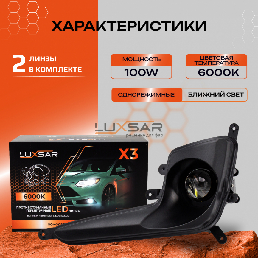 Противотуманные LED линзы LUXSAR X3 KIA RIO 2011-2015 6000K 100W БЛИЖНИЙ фото 2