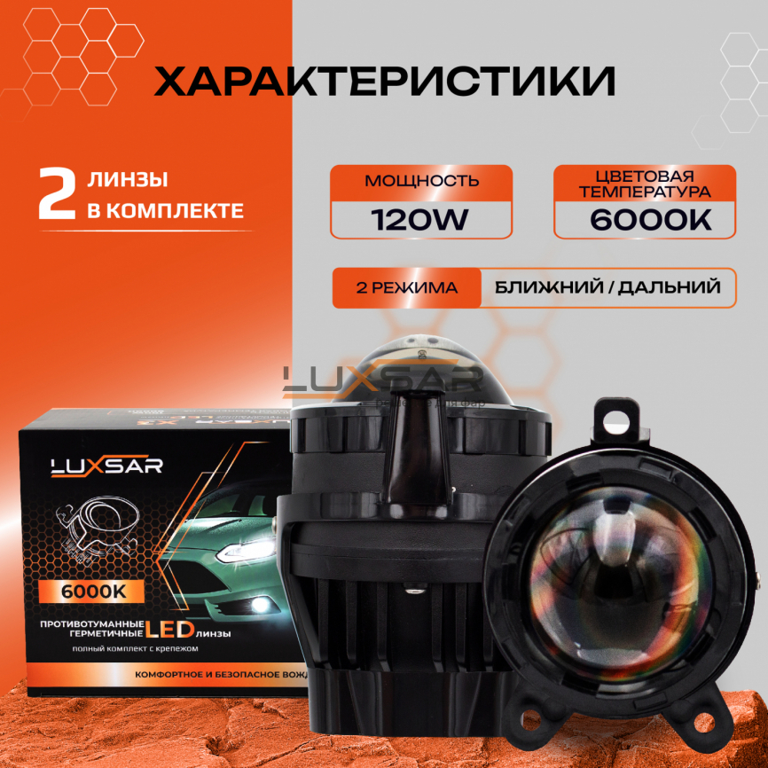 Противотуманные BI-LED линзы LUXSAR X3 PRIORA, ГАЗЕЛЬ, НИВА 6000K 120W БЛИЖНИЙ+ДАЛЬНИЙ фото 2