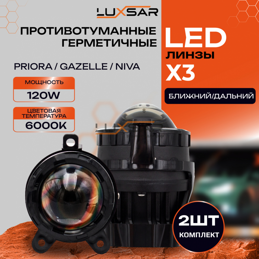 Противотуманные BI-LED линзы LUXSAR X3 PRIORA, ГАЗЕЛЬ, НИВА 6000K 120W БЛИЖНИЙ+ДАЛЬНИЙ фото 1