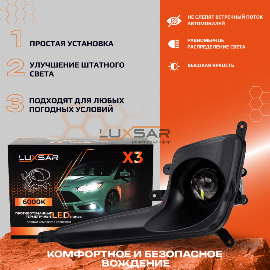 Противотуманные BI-LED линзы LUXSAR X3 KIA RIO 2011-2015 6000K 120W БЛИЖНИЙ+ДАЛЬНИЙ фото 3