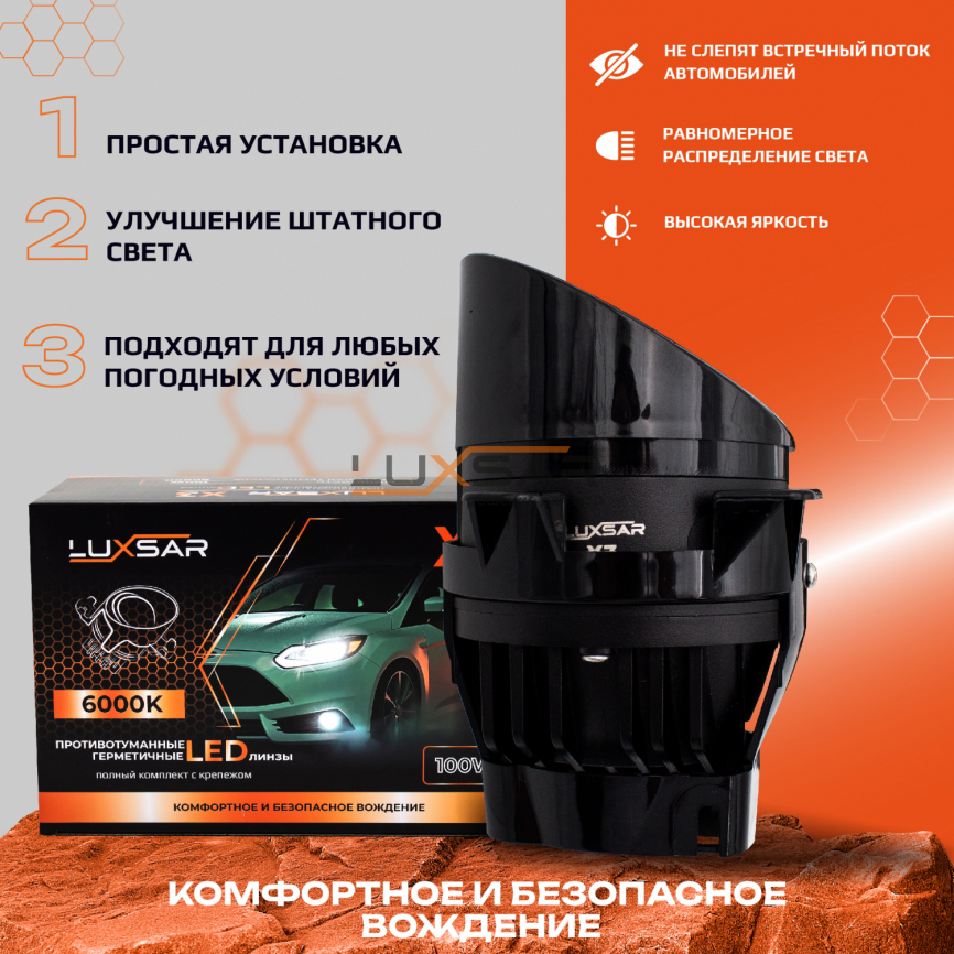 Противотуманные BI-LED линзы LUXSAR X3 GRANTA, KALINA, PATRIOT, DATSUN) 6000K 120W БЛИЖНИЙ+ДАЛЬНИЙ фото 3