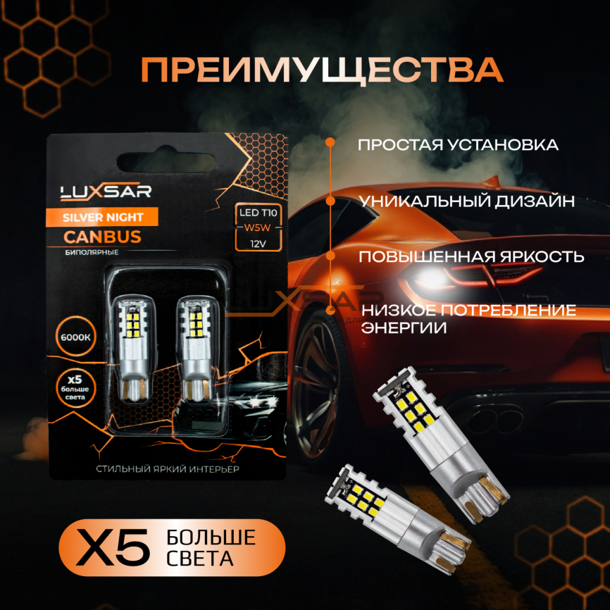 Светодиодные лампы LUXSAR SILVER NIGHT W5W (T10) 6000k 12V (2 шт) фото 2