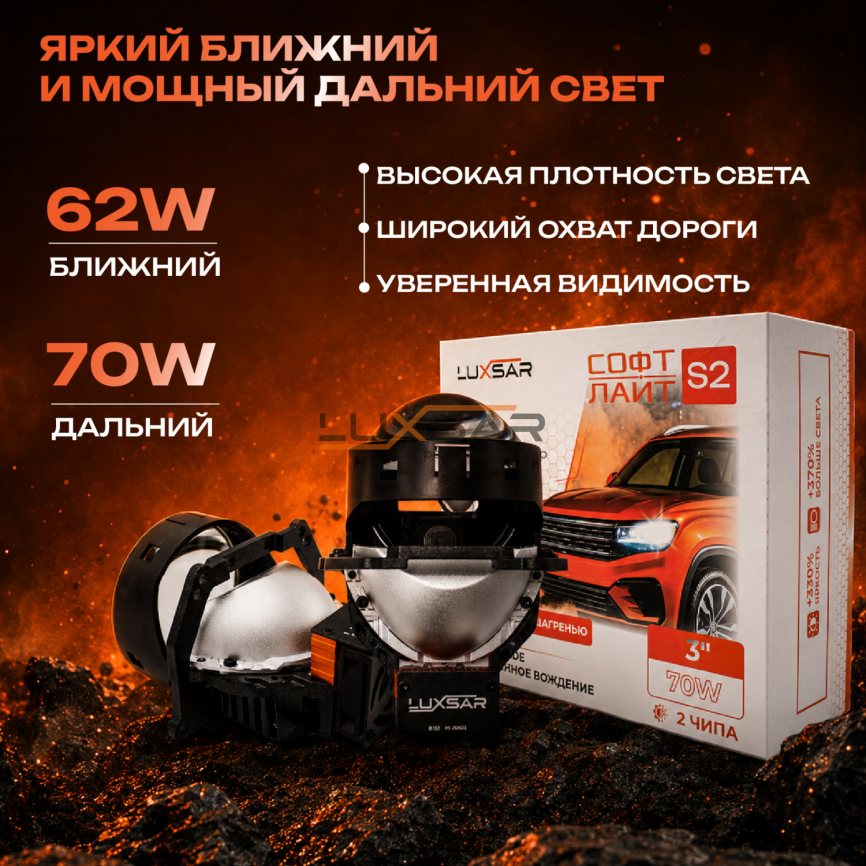 BI-LED линза LUXSAR СофтЛайт S2 С ШАГРЕНЬЮ 3.0 5800K 70W 2 чипа (к-т 2 шт.) фото 2