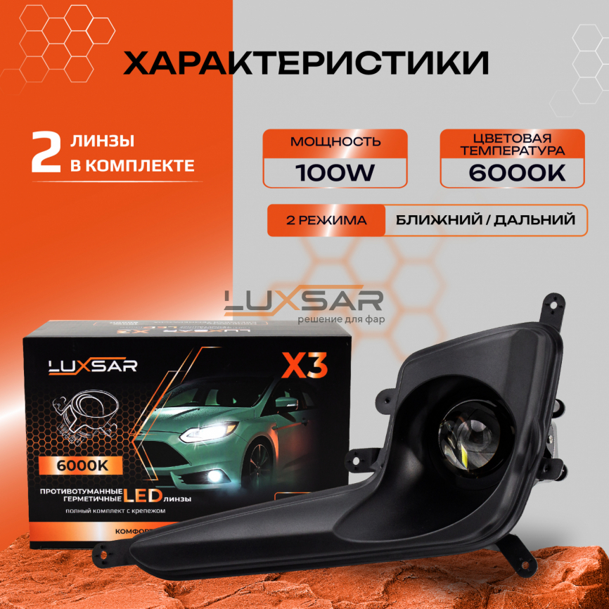 Противотуманные BI-LED линзы LUXSAR X3 KIA RIO 2011-2015 6000K 120W БЛИЖНИЙ+ДАЛЬНИЙ фото 2