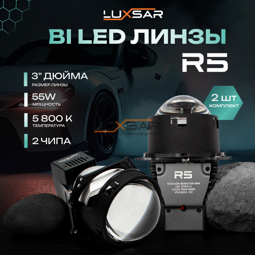 BI-LED линза LUXSAR R5 3.0 5800K 55W 2 чипа (к-т 2 шт.) фото 1