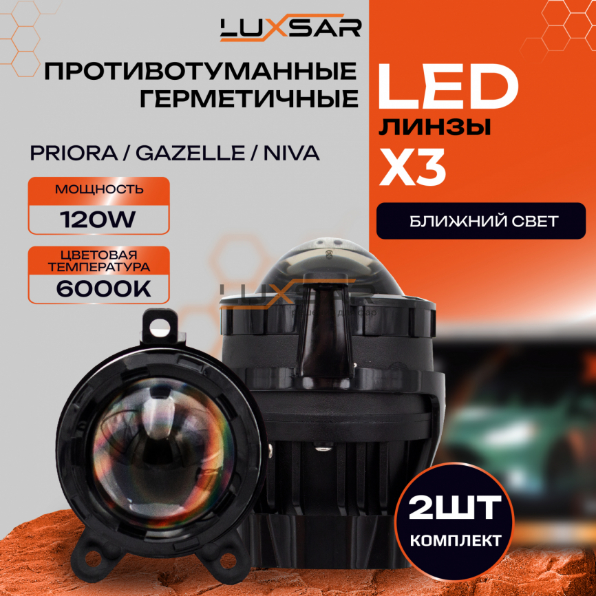 Противотуманные LED линзы LUXSAR X3 (PRIORA, ГАЗЕЛЬ, НИВА) 6000K 100W БЛИЖНИЙ фото 1