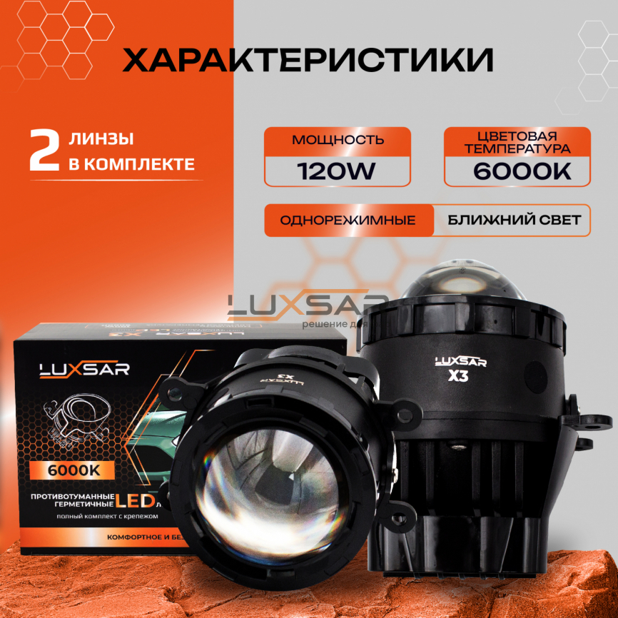 Противотуманные LED линзы LUXSAR X3 (UNIVERSAL) 6000K 100W БЛИЖНИЙ фото 2