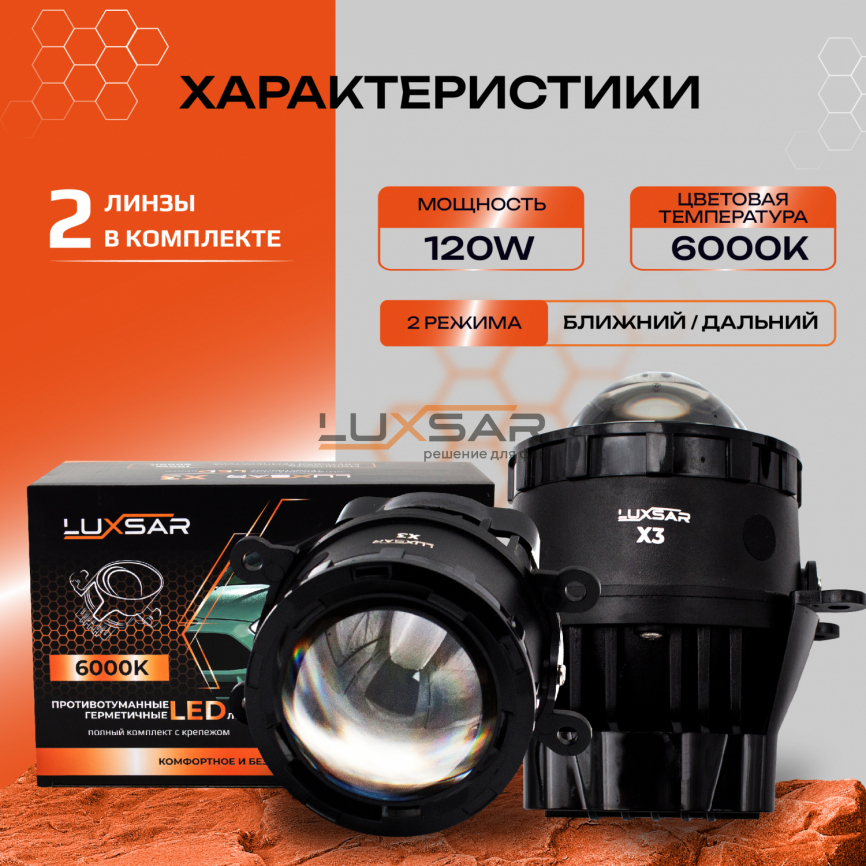 Противотуманные BI-LED линзы LUXSAR X3 UNIVERSAL 6000K 120W БЛИЖНИЙ+ДАЛЬНИЙ фото 2