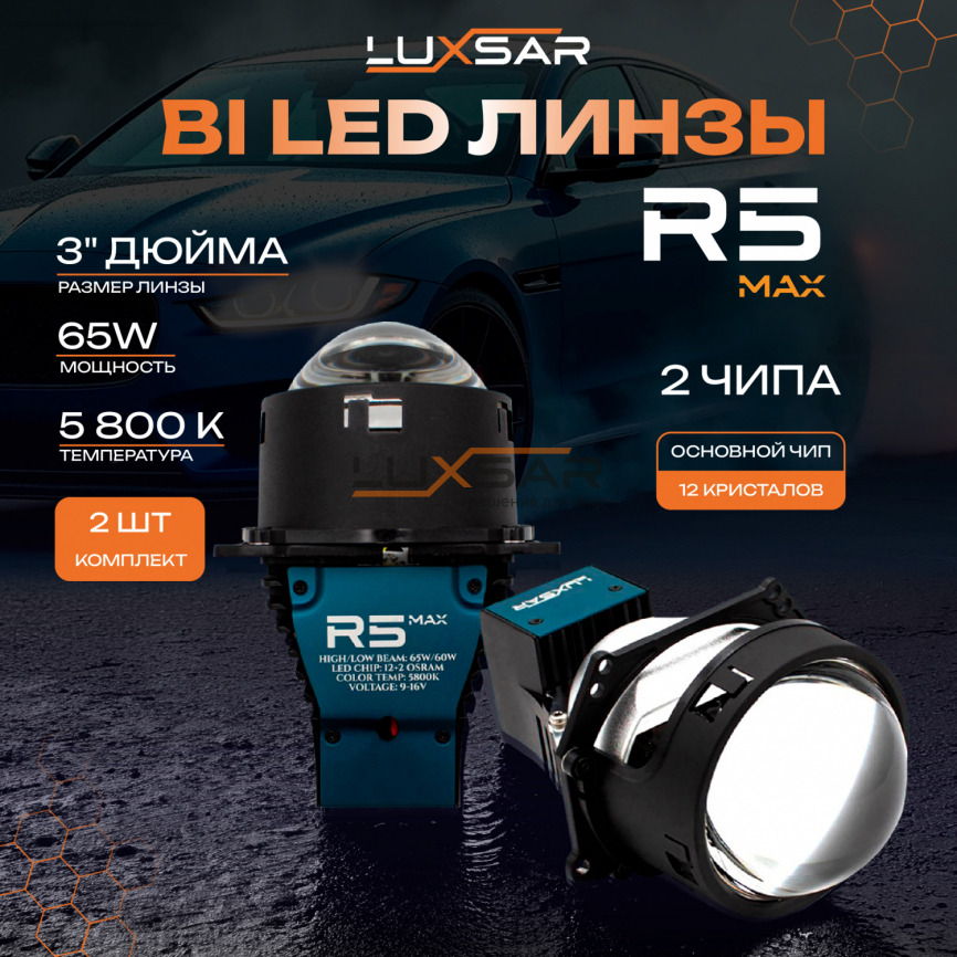 BI-LED линза LUXSAR R5 MAX 3.0 5800K 65W 2 чипа 12 кристаллов (к-т 2 шт.) фото 1
