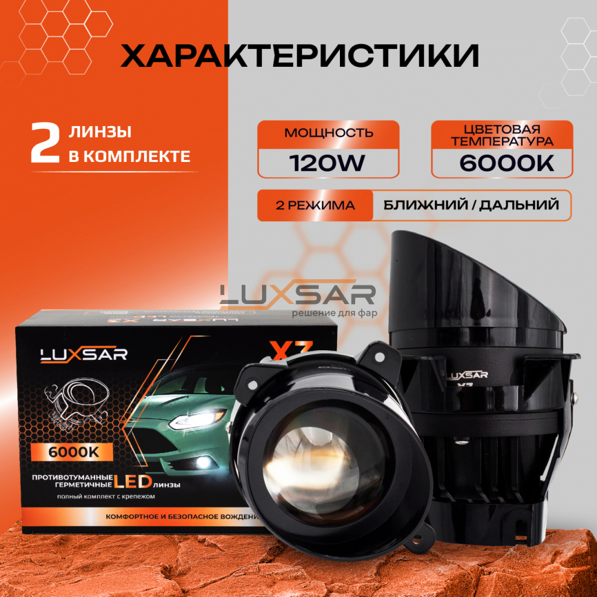 Противотуманные BI-LED линзы LUXSAR X3 GRANTA, KALINA, PATRIOT, DATSUN) 6000K 120W БЛИЖНИЙ+ДАЛЬНИЙ фото 2